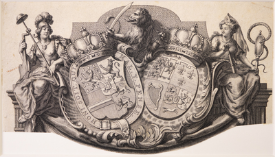 JMD-OP-0463 Kopergravure, wapens: Dubbelwapen van Willem IV & Anna van Hannover (Engeland).