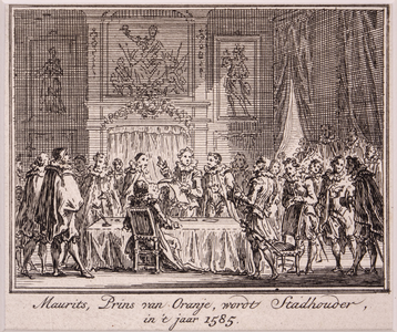 JMD-OP-0518 Kopergravure, Maurits, Prins van Oranje, wordt Stadhouder, in 't jaar 1585. 