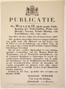 JMD-OP-0544 Boekdruk, PUBLICATIE. Proclamatie van Willem II, waarbij alle burgerl. en milit. ambtenaren in hun ...