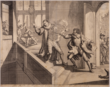 JMD-OP-0646 Kopergravure, De moord op WILLEM I door Balthasar Gerards, te Delft.