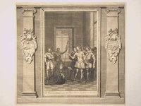 JMD-OP-0679 Kopergravure, De Weduwe van Oldenbarneveld bid Prins Maurits om genade voor haar zoon. 