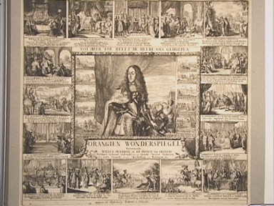 JMD-OP-1136 Kopergravure, ORANGIE WONDERSPIEGEL Vertoonende Willem Hendrick de III prince van Orangie versmaet, gehoont ...