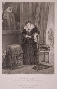 JMD-OP-1611 Kopergravure, Louise de Coligny treurt na de dood van haar man Willem I.
