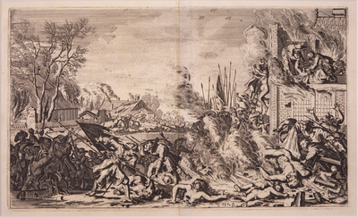 JMD-OP-1623e Gravure, Franse wreedheden in een Hollands stadje. (Bodegraven en Zwammerdam)
