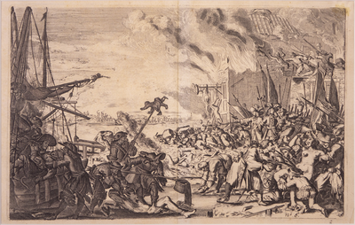 JMD-OP-1623f Gravure, Franse wreedheden in een Hollands stadje. (Bodegraven en Zwammerdam)
