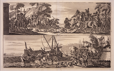JMD-OP-1623h Gravure, Franse wreedheden in een Hollands stadje. (Bodegraven en Zwammerdam)