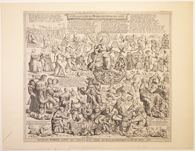 JMD-OP-1633 Kopergravure, Plaat uit tafereel der dwaasheid of platen over den actiehandel in 1720. 'RONDEN GODT'.