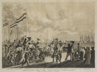 JMD-OP-1723 Aquatint, DE HEUCHELIJKE AANKOMST VAN ZIJNE KONINKLIJKE HOOGHEID WILLEM DEN EERSTE, SOUVEREIN VORST DER ...