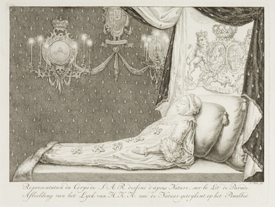 JMD-OP-1752 Prent, Praalbed en paradezaal van Prinses Anna, boek met 4 platen en 2 pagina's tekst met omslag.