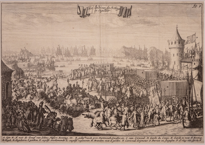JMD-OP-1755a Ets, Prent, De aankomst van Willem III in Engeland, en de vlucht van Koning Jacobus II, de Koningin en de ...