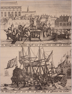 JMD-OP-1755c Ets, Prent, De aankomst van Willem III in Engeland, en de vlucht van Koning Jacobus II, de Koningin en de ...