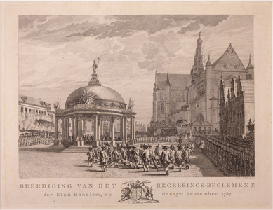 JMD-OP-1760 Gravure, BEËNDIGING VAN HET REGEERINGS-REGLEMENT, der Stad Haarlem, op den 5den September 1787. 