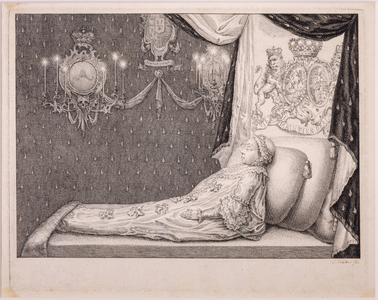 JMD-OP-1826 Kopergravure, Praalbed van Prinses Anna, weduwe van Willem IV.