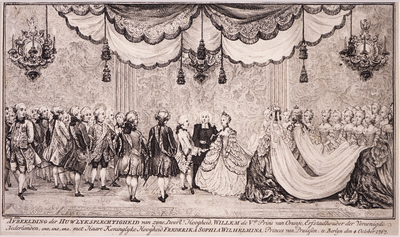 JMD-OP-1832 Ets, Prent, Huwelijk van Willem V met Frederica Sophia Wilhelmina van Pruissen, te Berlijn.