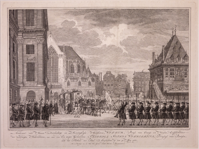 JMD-OP-1852 Ets, Prent, Inkomst en verblijf van Willem V en Wilhelmina te Amsterdam met de vreugdebedrijven en ...