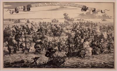 JMD-OP-1988 Gravure, Afbeelding van de twee bloedige zeeslagen gehouden op den 7 en 14 juny 1673 ... 