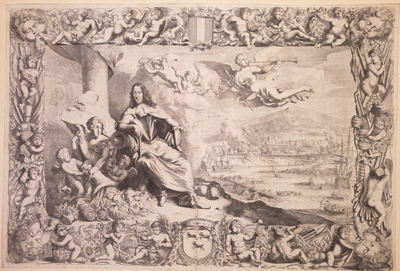 JMD-OP-2059 Kopergravure, Allegorie op Cornelis de Witt, *(1623 - 1672) de tocht naar Chatham Engeland.