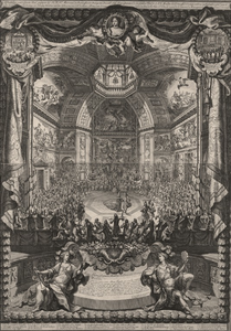 JMD-OP-2098 Kopergravure, Het Groote bal gegeven bij H.K.H. Mevrouwe de Princesse van Orange in Decemb. 1686 op de Saal ...