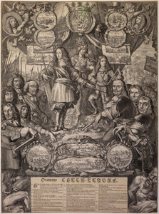 JMD-OP-2140 Kopergravure, ORANIENS EHREN - TRIUMF. zinnenprent op Willem III en de zegenrijke veldtocht van 1673.