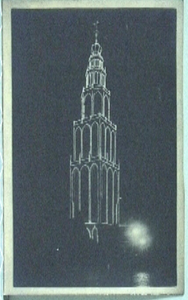 JMD-OR-0238 Foto, Foto-briefkaart verlichte Martinitoren, bezoek aan Groningen