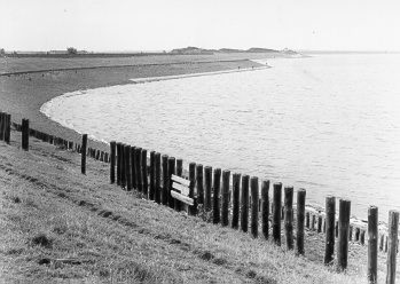 118 - Werkhaven 'Den Ossen'. Dijk nabij Scharendijke met op de achtergrond de duinen van West Repart