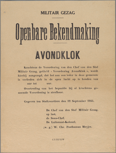snv008000054 134, Affiche van de Chef van de Staf Militair Gezag betreffende het instellen van de Avondklok, 1944 sept. 12