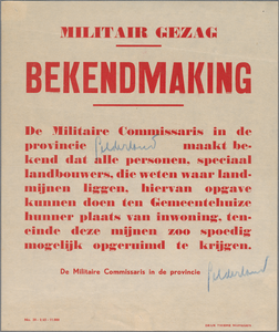 snv008000062 143, Affiche van de Militaire Commissaris in de provincie Gelderland waarbij in het bijzonder landbouwers ...