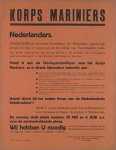 snv008000063 152, Affiche van de Recruterings Officier voor het Korps Mariniers betreffende een oproep om als ...