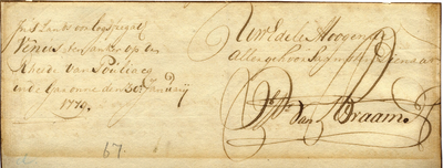 Nr.: GME 773- Strook met tekst van Braam met handtekening. Ins Lands oorlogsfregats Venus ster anker op den Rheede van ...