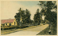 Nr.: 11919 - F.A. Molijnlaan Nunspeet links pand met schuin dak, rechts weg omzoomd door bomen