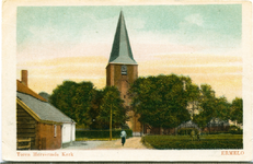 1372 - Handmatig ingekleurde foto met zicht op de Oude Nederlands Hervormde Kerk. Op de voorgrond de oude ...