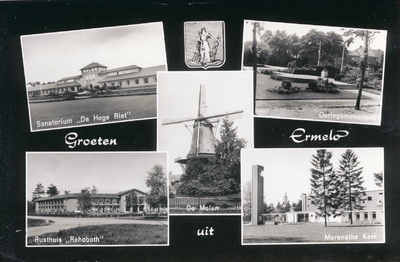 7854 - Vijf afbeeldingen van Ermelo en het gemeentewapen van de oude gemeente. Afbeeldingen: 1 De Hoge Riet; 2 ...