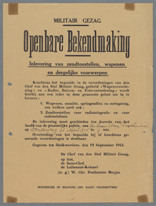 snv008000135 5, Militair Gezag - Openbare Bekendmaking - Inlevering van zendtoestellen, wapenen en dergelijke ...