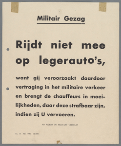 snv008000136 8, Militair Gezag - Rijdt niet mee op legerauto's, want gij veroorzaakt daardoor vertraging in het ...