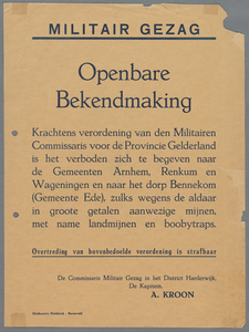 snv008000138 10, Militair Gezag - Openbare Bekendmaking - Verboden zich te begeven naar de gemeenten Arnhem, Renkum en ...
