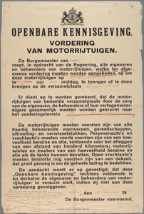 snv008000153 19, De Burgemeester van Ermelo - Openbare Kennisgeving - Vordering van Motorrijtuigen -, 28-08-1939