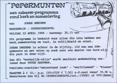 SNV008000757 , Pepermunten Cabaretprogramma rond kerk en samenleving, vrijdag 22 april 1994