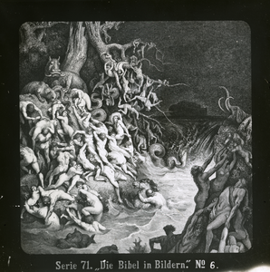 146 - Het begin van de zondvloed, op de achtergrond zie je de ark van Noach wegvaren, Genesis 7