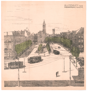 361 Buitenhof: Huizen - gevels aan het Buitenhof vanaf stadhouderlijk kwartier in perspectief., 1925-1935
