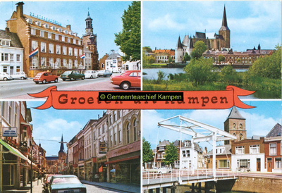 F005773 Verzamelkaart met afbeeldingen van de IJsselkade, een deel van hetIJsselfront, de Oudestraat en de ...