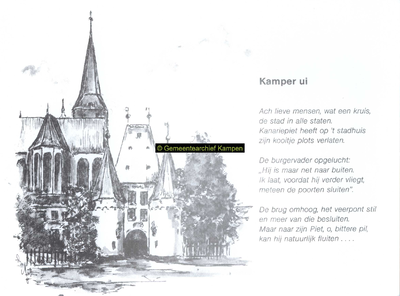 F005692 Optekening van Kamper Uien op rijm, de Bovenkerk . Tekening: Jan v.d. Starre, tekst Henk de Koning.