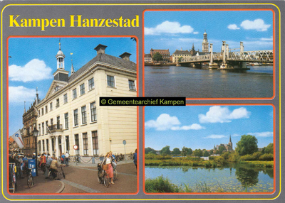 F005682 Verzamelkaart van Kampen met afbeeldingen van het Oude en Nieuwe Raadhuis, de Bovenkerk en Koornmarktspoort en ...