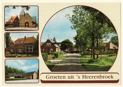 F008567 Vier afbeeldingen uit 's Heerenbroek, links boven het wijkgebouw van de Hervormde Kerk; links midden de Chr. ...