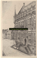 F001338 Een getekende voorstelling van het Oude Raadhuis aan de Oudestraat, de trapopgang is verwijderd bij de ...