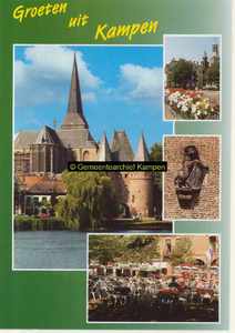 F007108 Verzamel prentbriefkaart van Kampen met links, gezicht op de Bovenkerk, de Koornmarktspoort en de IJssel. ...