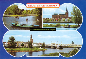 F005691 Verzamelkaart van Kampen met afbeeldingen van het plantsoen, de Bovenkerk en Stadsfront.