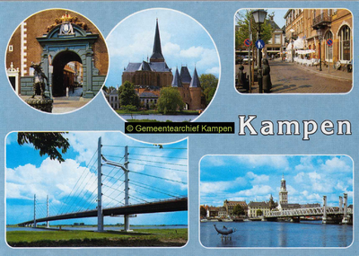 F005680 Verzamelkaart van Kampen met 5 afbeeldingen van o.m. doorgang Nieuwe Toren, de Bovenkerk en Koornmarktspoort, ...