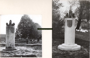 F002006 Monument voor de in Indië gesneuvelde militairen 1945-1948 in het stadsplantsoen.Voorstellende: groep biddende ...