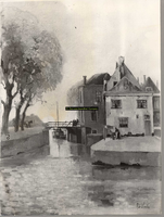 F000865 Bij de (voormalige) Hagenpoort 1910, met de Burgel en de ophaalbrug; geschilderd door Alb. Vinke. - - zie ook ...