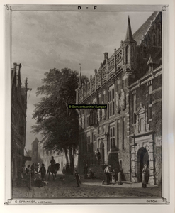 F001336 Foto van een schilderij door Cornelis Springer 1817 - 1891. Het oude Raadhuis aan de Oudestraat met trapopgang, ...